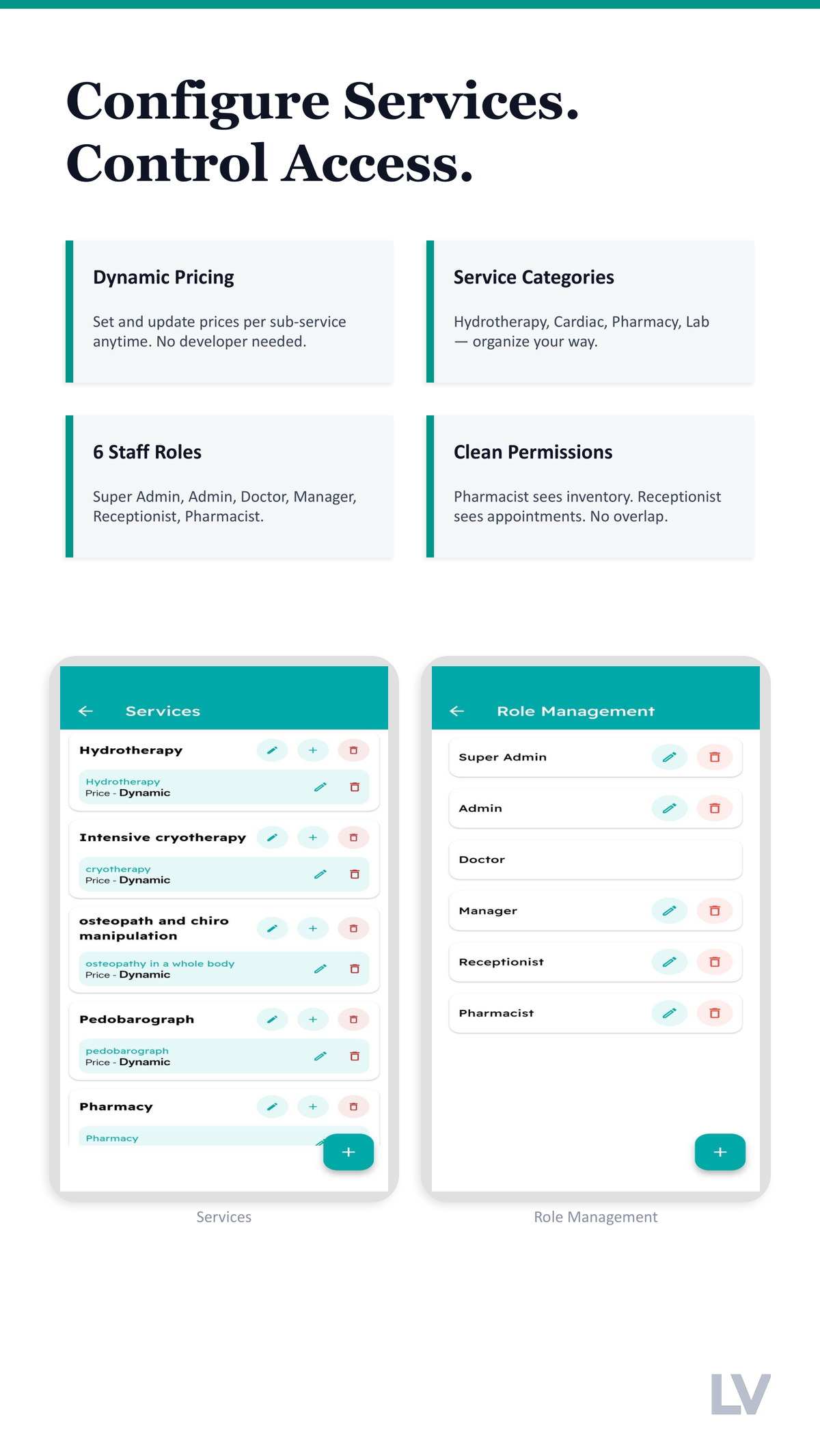 Clinic Management App - Dynamic service configuration and role-based access control